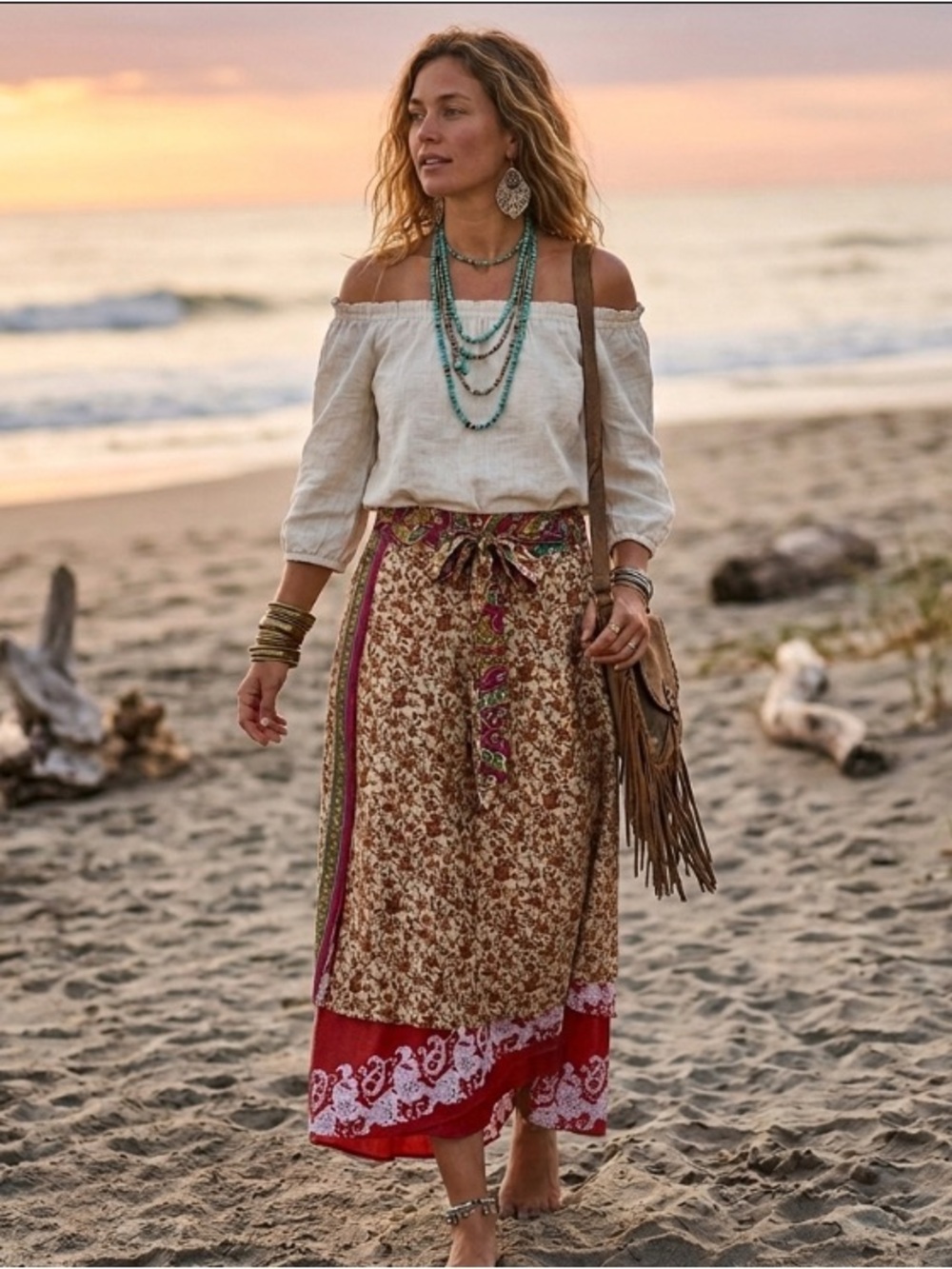 Bohemian Red Floral Wrap Maxi Silk Skirt with Contrasting Hem
